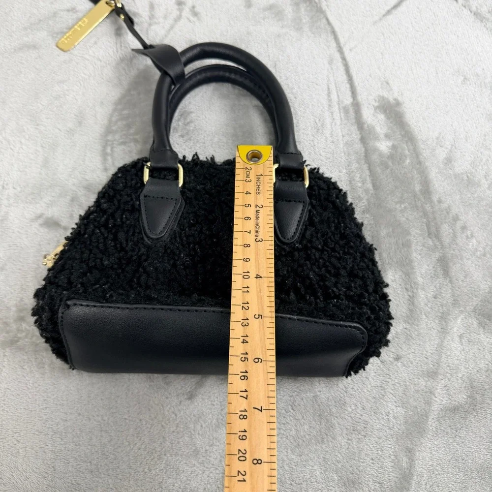 Steve Madden Black Faux Sherpa Mini Satchel Handbag Gold‎ Hardware